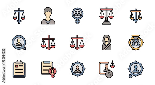 A collection of colorful filled outline icons representing law justice and human rights.