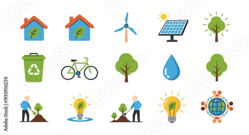 Collection of Eco-Friendly and Sustainable Living Icons.