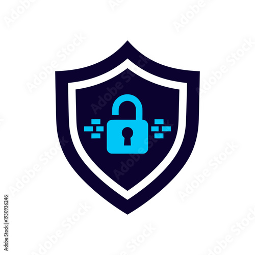Dark blue shield with a light blue lock on a white background representing security and protection
