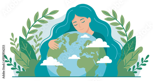 Woman embracing Earth with love and care for the environment, symbolizing protection and sustainability for our planet.