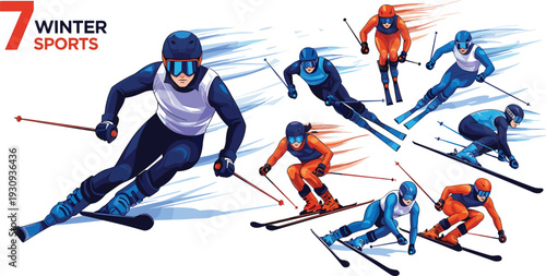 Skiing Race Athletes Dynamic Motion Winter Sports Illustration