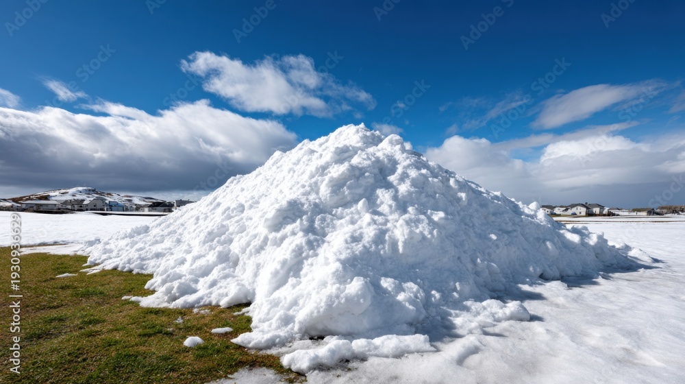 Obraz premium Snow pile on green grass field under bright blue sky with scattered clouds, indicating early spring transition from winter to warmer weather