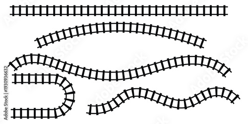 Railway icon set, train rail lines. Rail pattern curve railroad path sign. Railway train track vector. Transport concept illustration.
