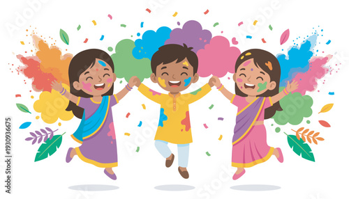 Happy Indian children joyfully celebrating the Holi festival, covered in vibrant colorful powder and surrounded by festive confetti.