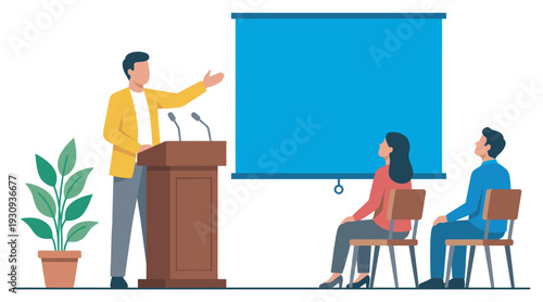 Male speaker delivers presentation to attentive audience members during a professional conference or educational seminar in a modern setting.