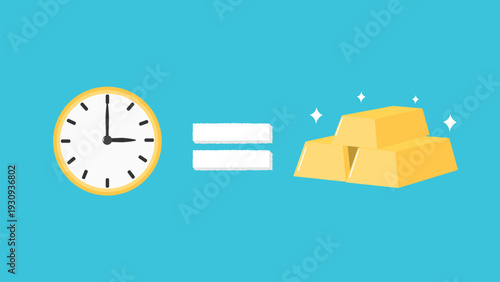 Clock equals gold bars concept vector illustration. Time management and value of time business strategy.