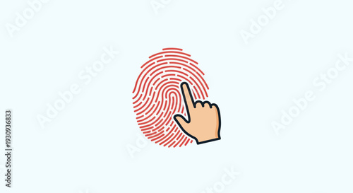 Hand cursor icon touching a red fingerprint for biometric authentication and security.