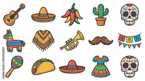 Mexican cultural celebration items collection features traditional symbols like sombreros, pinatas, tacos, and sugar skulls in a festive cartoon style.