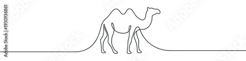 Camel continuous line drawing illustration capturing the elegant silhouette of a minimalist desert animal with two humps, symbolizing endurance and travel.