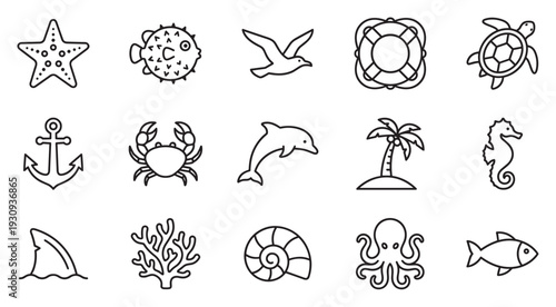 Sea creatures and marine life icons set featuring a diverse collection of ocean animals and beach elements in a simple outline style.