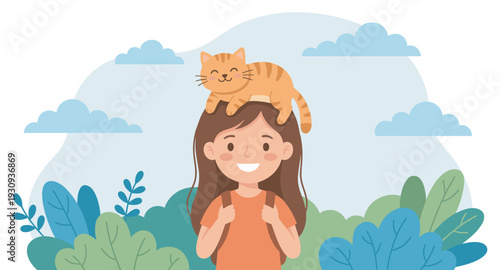 Happy young girl with a charming orange cat sitting on her head smiles cheerfully while enjoying a lovely day outdoors.