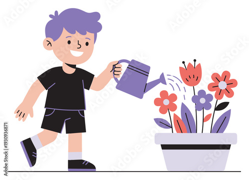 Little boy watering colorful flowers in a pot with a purple watering can, cheerfully taking care of his garden.