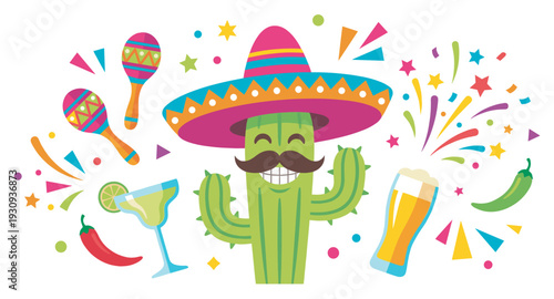 Cheerful cartoon cactus with a sombrero and mustache celebrates a vibrant fiesta with maracas, drinks, and festive confetti.