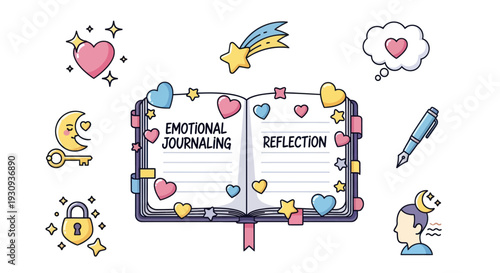 Open journal with Emotional Journaling and Reflection pages surrounded by decorative icons.
