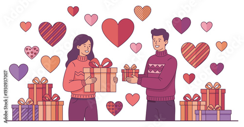 Man and woman exchanging gifts, surrounded by many hearts and presents, celebrating a special loving occasion.