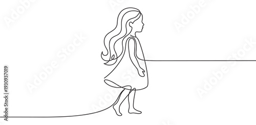 Young girl walking forward in a beautiful continuous line drawing style, symbolizing childhood and simplicity.