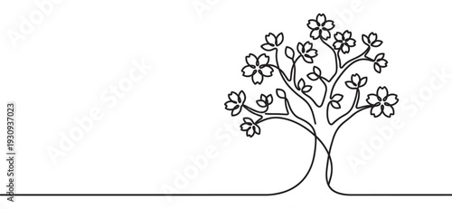 Cherry blossom tree continuous line art drawing minimalist style elegant floral illustration representing spring, nature, and growth.