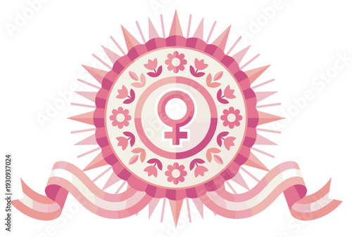 Female gender symbol emblem with decorative ribbon design celebrating women's rights, empowerment, and equality in a vibrant pink illustration.