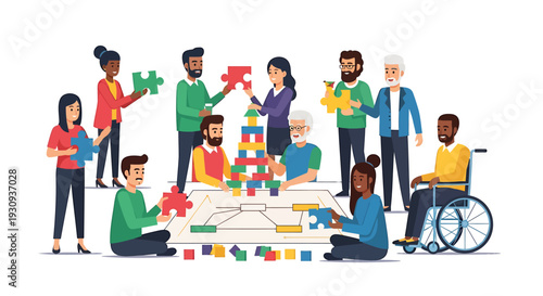 Vector illustration of diverse people building puzzle together
