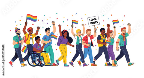 Vector illustration of diverse people celebrating Pride Month