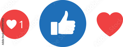 Social media reaction icons featuring like, love heart and thumbs up symbols for digital engagement and user feedback