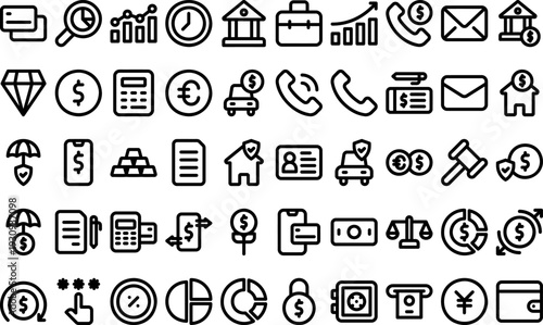 Collection of financial and business icons in a modern minimalist style displayed on a clean white background