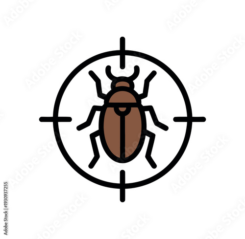 A graphic illustration of a brown bug in the crosshairs of a target on a white background