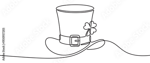 Leprechaun hat with shamrock and buckle drawn in continuous line art style, symbolizing good luck and Irish celebration.