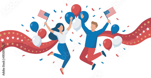 Two people jumping holding American flags, balloons, celebrating a festive patriotic event with confetti and stars.
