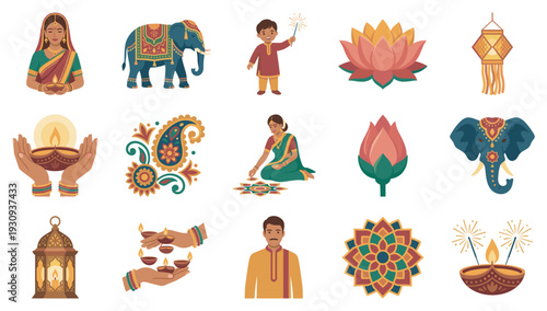 Diwali festival traditional Indian cultural celebration elements collection featuring people, elephants, lotus flowers, and glowing oil lamps.