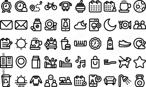 Collection of simple line icons representing digital elements and daily activities in a modern minimalist style