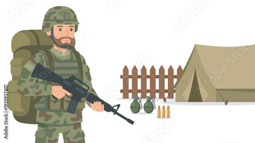 Male soldier in camouflage uniform stands ready with an assault rifle near a military tent, grenades, and ammunition.