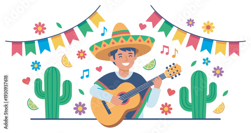 Mexican man playing guitar in a vibrant fiesta celebration surrounded by festive bunting, blooming flowers, and tall cacti.