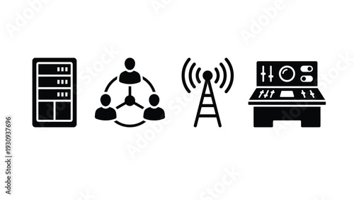 Server Connecting People via Radio Tower to Control Panel