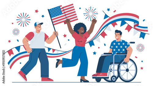 Diverse group of people celebrating American holiday with flags, fireworks, and festive red, white, and blue decorations.