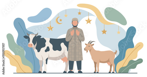 Muslim man cow goat stand together representing the sacred tradition of sacrifice during the Eid al-Adha festival.