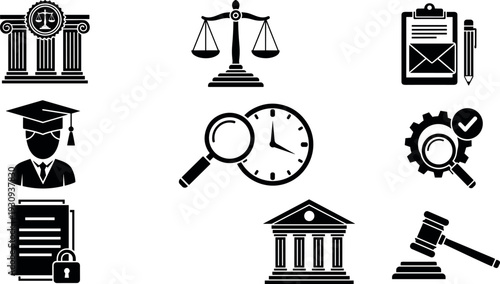 Law and Justice Icon Set with Court, Judge Gavel, Scales, Legal Documents, and Time Symbols for Legal Services, Education, and Business Design