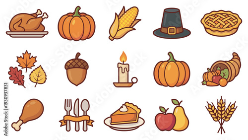 Thanksgiving autumn harvest celebration icons set features traditional elements like turkey, pumpkin, corn, and pie, perfect for seasonal designs.