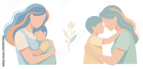 Mother and child illustrations depict tender moments of family love, care, and affection between parents and their children.