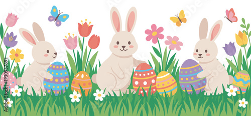 Three cute Easter bunnies and colorful eggs are nestled among vibrant spring flowers and playful butterflies in a cheerful illustration.
