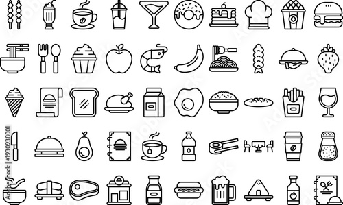 A collection of food and drink icons in a grid layout for graphic design
