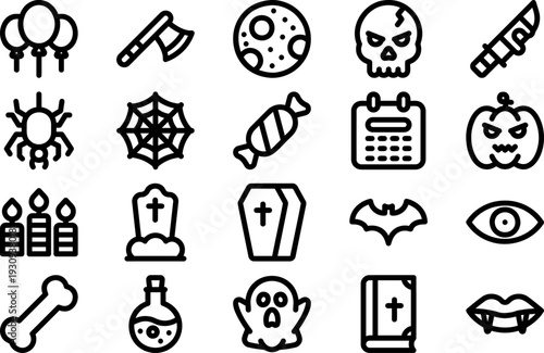 Collection of Halloween-themed icons in black and white, featuring symbols like skulls, coffins, and spiders, presented in a grid layout.