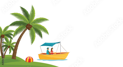 Vector tropical island scene with palm trees and boat