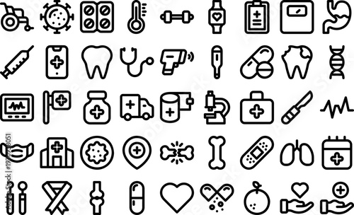 Assorted Medical Icons Collection Featuring Healthcare Symbols and Elements