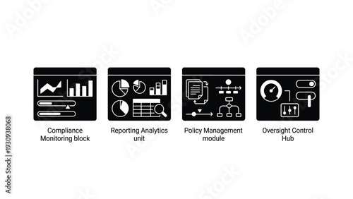 Business Compliance Icons Set with Monitoring Block, Reporting Analytics Unit, Policy Management Module and Oversight Control Hub