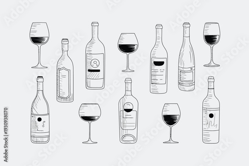 A variety of wine glasses and bottles showcasing different shapes and sizes isolated on white background, Vector, illustration