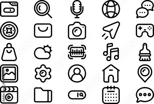 Collection of simple black icons representing various multimedia and communication tools on a white background