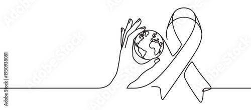 Hand holding globe and ribbon in a continuous line drawing style symbolizing global health and environmental support.