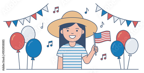 Smiling young woman celebrating patriotic holiday with American flag and festive balloons, bunting, and musical notes in a cheerful illustration.