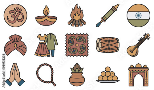 Indian cultural and religious icons collection features diverse symbols representing traditions, festivals, music, and spiritual practices in a colorful illustration.